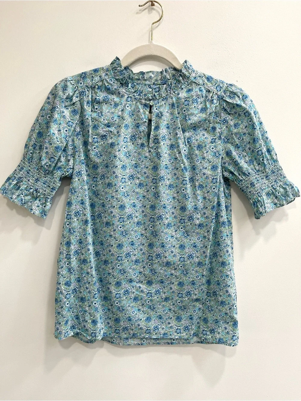J. Crew x Liberty London Puff-sleeve top in Liberty Amelie floral blue ruffle XS